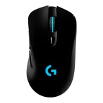 Mouse sem fio Logitech G502 com iluminação RGB e design ergonômico.