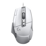 Mouse gamer Logitech G502, branco, com múltiplos botões e design ergonômico.