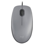 Mouse Logitech M100, cinza, com design ergonômico e roda de rolagem.