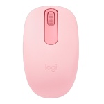 Mouse sem fio Logitech rosa com design ergonômico e botão de rolagem.