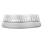 Teclado sem fio branco Logitech com design ergonômico e teclas confortáveis.