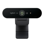 Webcam Logitech, modelo Brio, com lente de alta definição e microfone embutido.