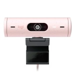Webcam Logitech, modelo rosa, com lente central e suporte ajustável.
