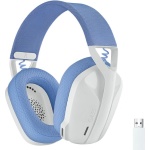 Fones de ouvido sem fio, azul e branco, com design confortável da marca Logitech.