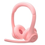 Headset rosa da marca XYZ, com almofadas confortáveis e microfone ajustável.