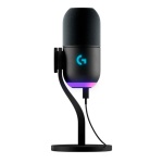 Microfone Logitech, modelo USB, com iluminação RGB e design moderno.
