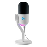 Microfone Logitech, modelo G, com iluminação RGB e design moderno.