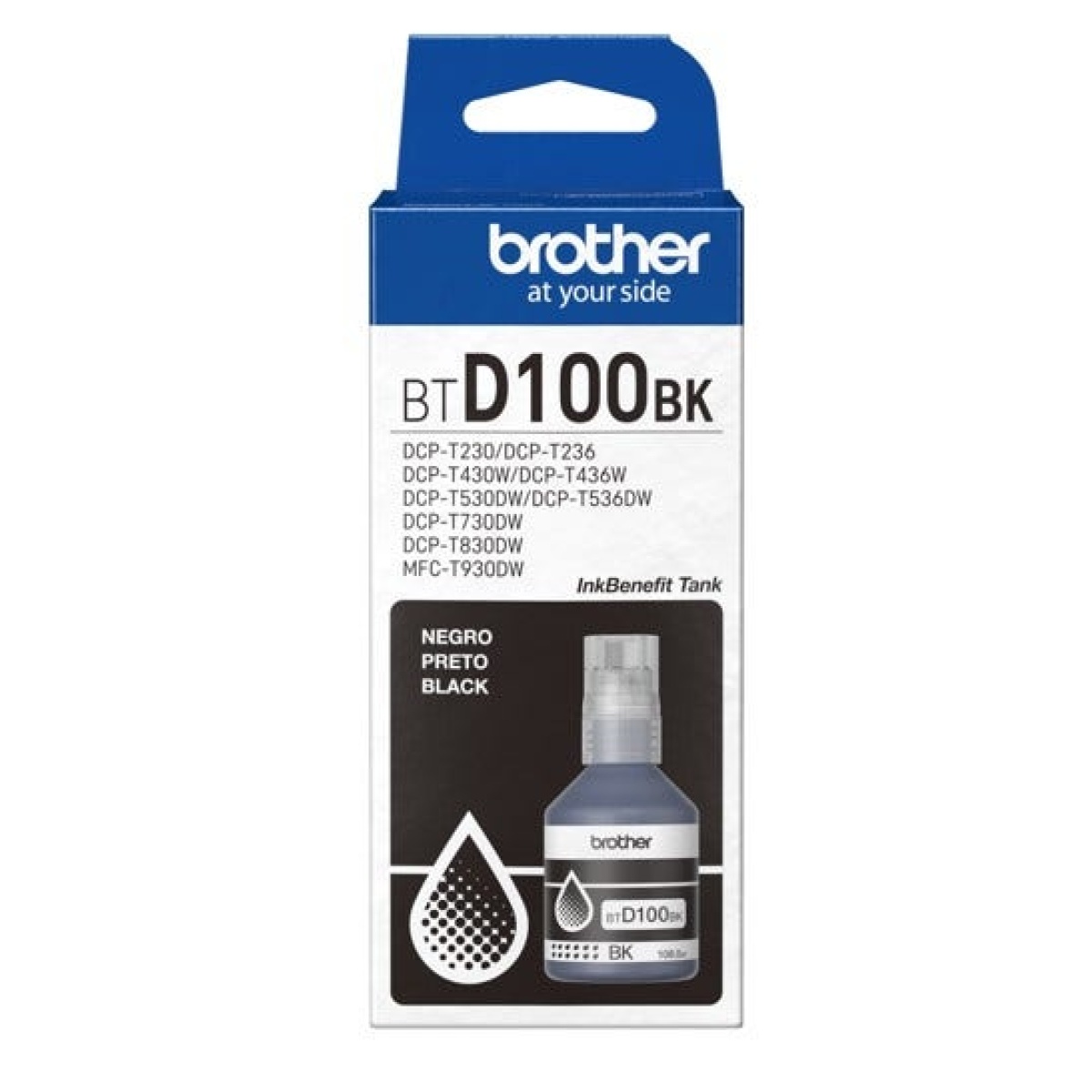 Tinta para impressora Brother BT-D100BK, embalagem com design funcional.