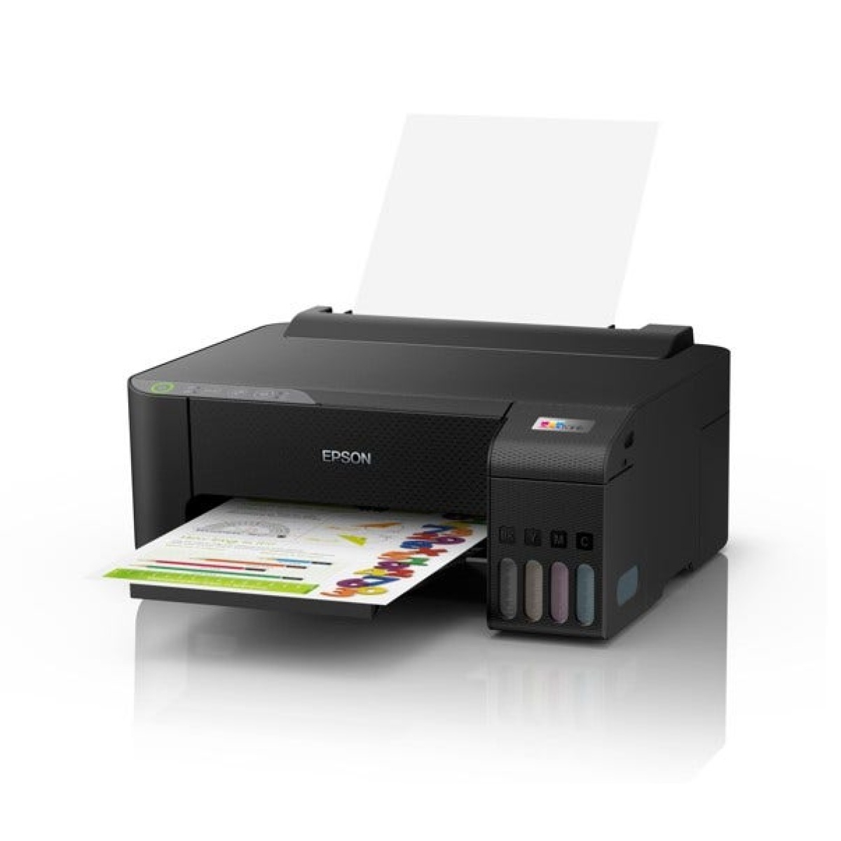 Impressora Epson EcoTank com impressão colorida e sistema de tanque de tinta.