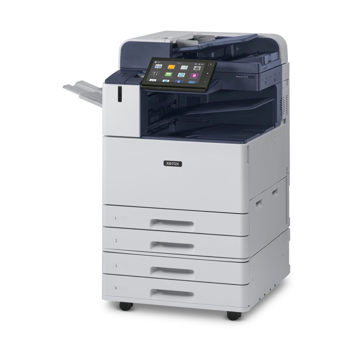 Impressora multifuncional Konica Minolta com tela sensível ao toque e compartimentos de papel.