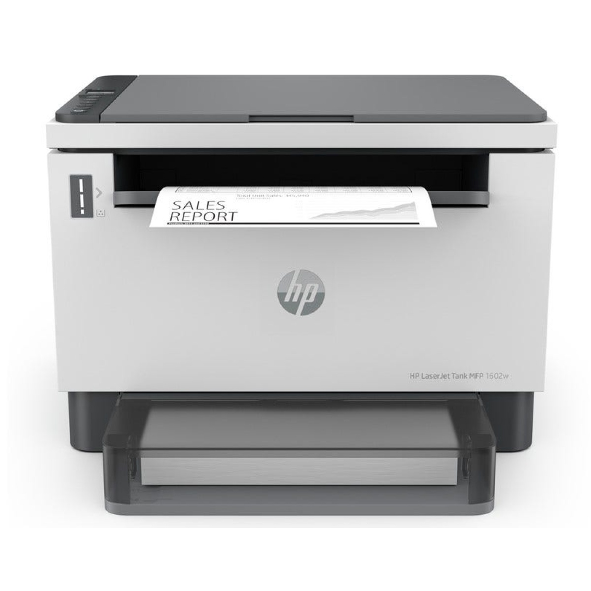 Impressora multifuncional HP com papel saindo da bandeja.
