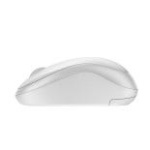 Mouse sem fio branco, design ergonômico, ideal para uso prolongado.