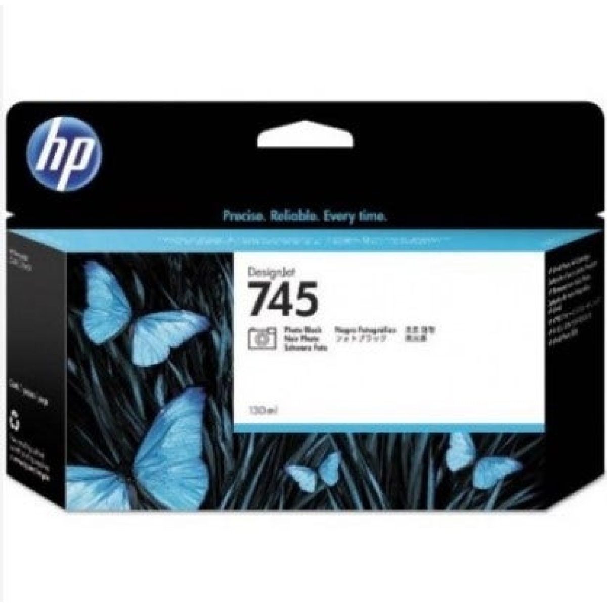 Cartucho de tinta HP 745, compatível com impressoras, design com borboletas azuis.