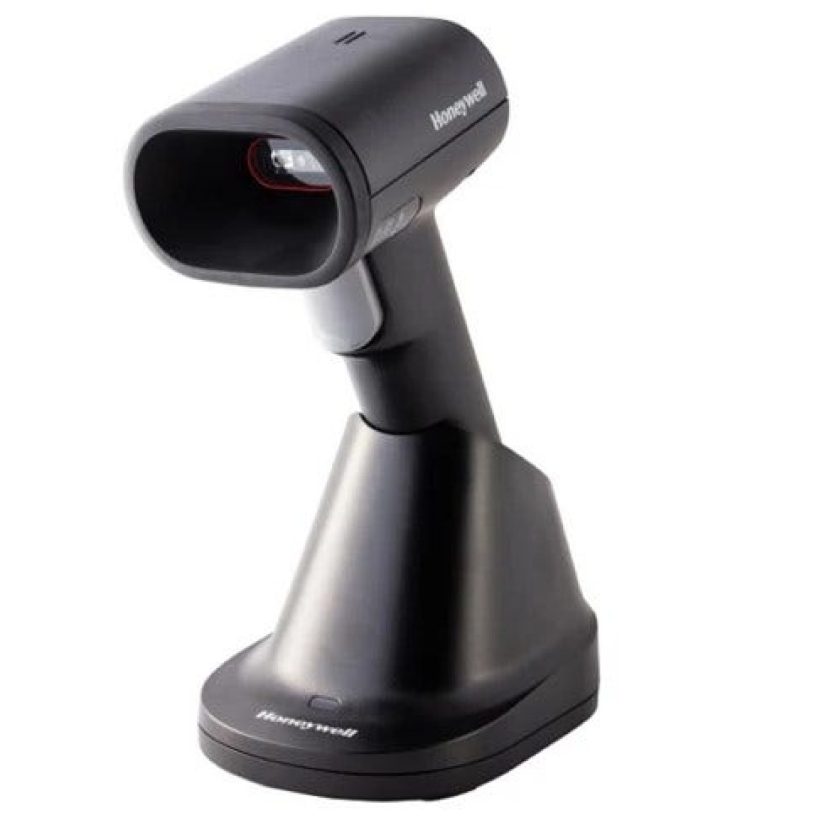 Leitor de códigos de barras Honeywell, design ergonômico e base estável.