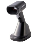 Leitor de códigos de barras Honeywell, design ergonômico e base estável.
