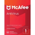 Antivírus McAfee para 1 PC, proteção de segurança essencial.