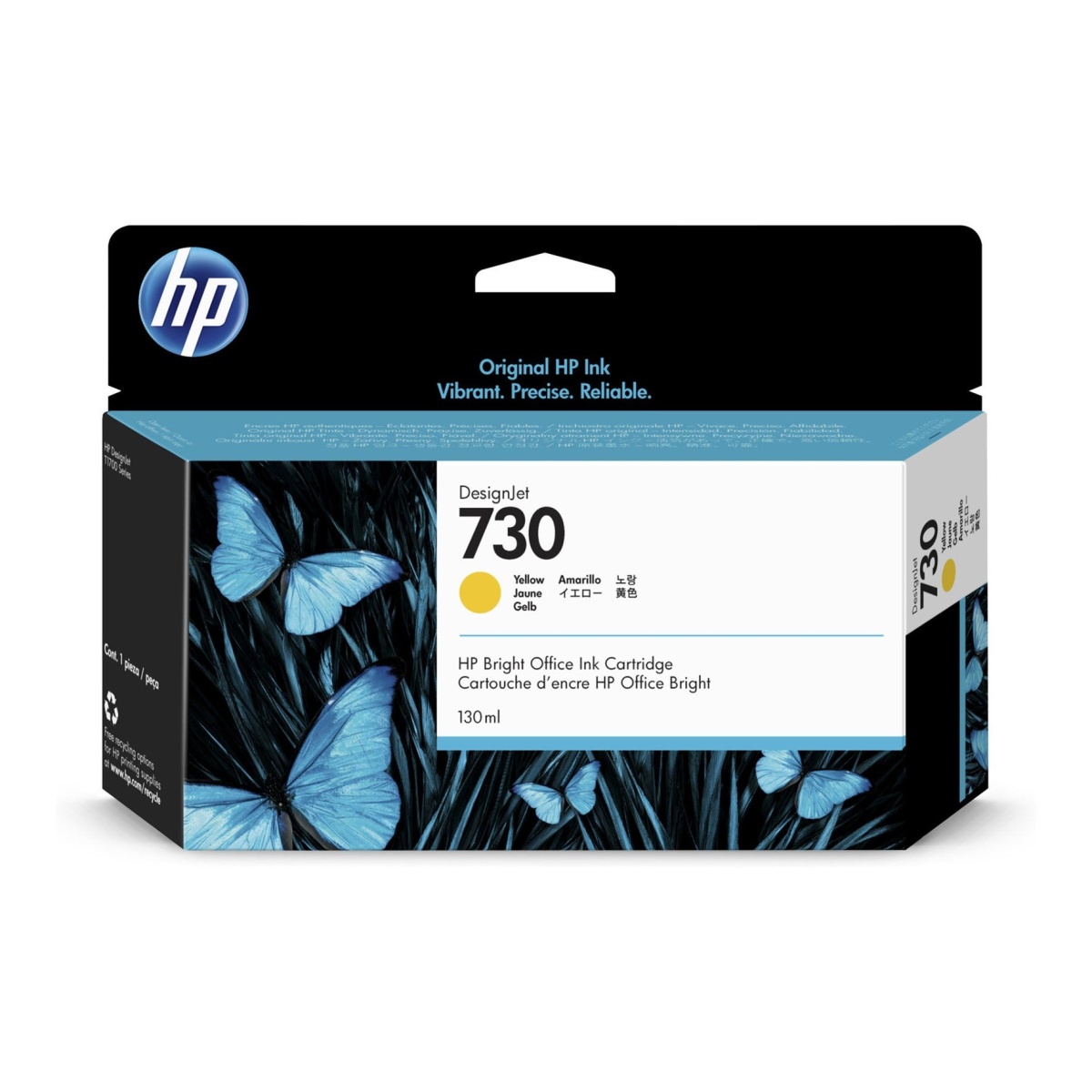 Cartucho de tinta HP 730 amarelo, embalagem com design de borboletas.