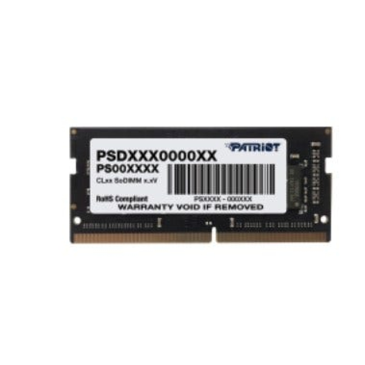 Memória RAM Patriot, modelo PSDXXXXXXX, com etiqueta de identificação.