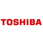 Logotipo da Toshiba em vermelho, representando a marca de tecnologia.