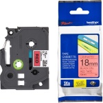 Cartucho de fita Brother, 18mm, etiqueta preta sobre fundo vermelho.