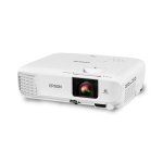 Projetor Epson, modelo portátil, com lente colorida visível e design compacto.