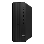 Desktop compacto preto com design moderno e portas USB frontais.