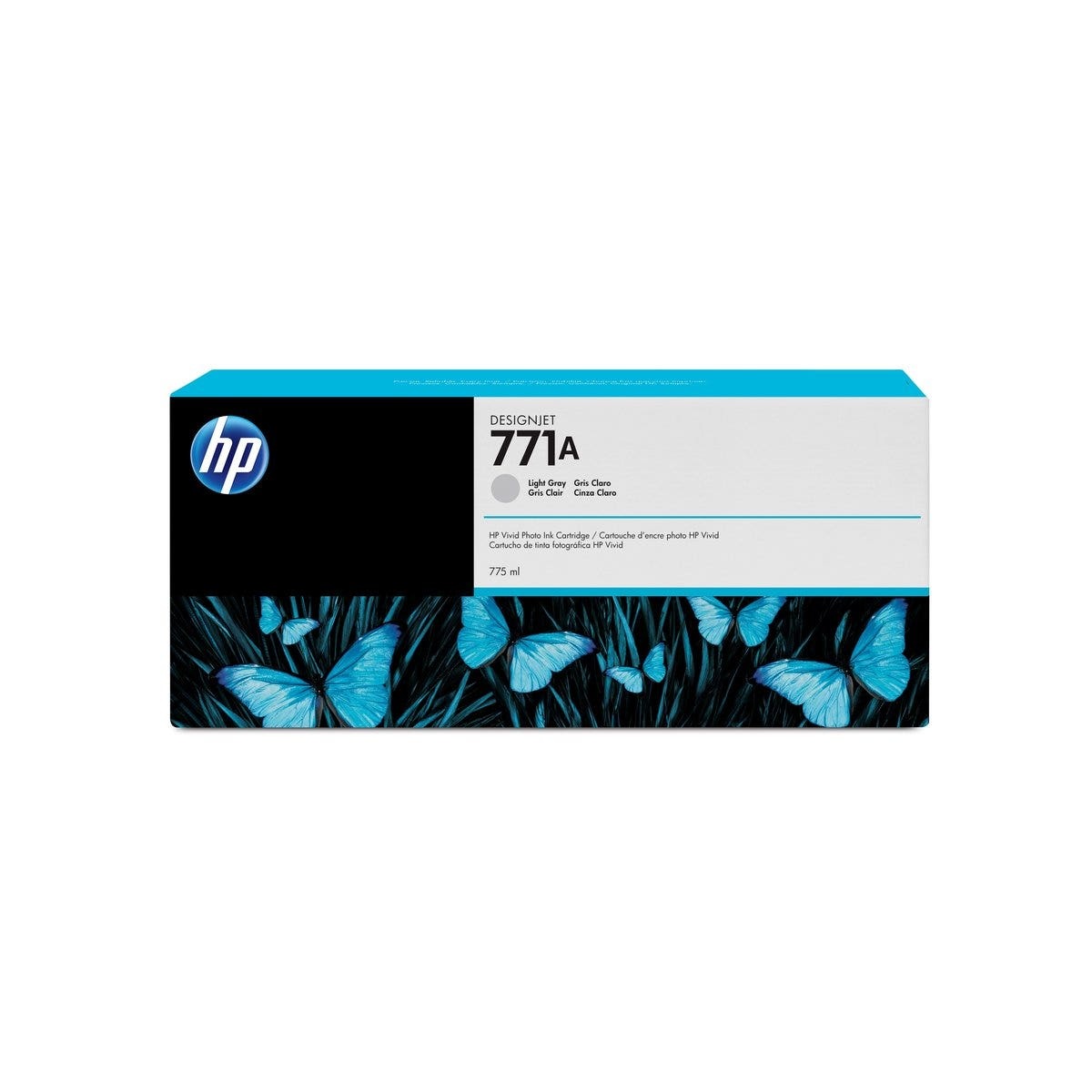 Cartucho de tinta HP 771A, design com borboletas, embalagem colorida.
