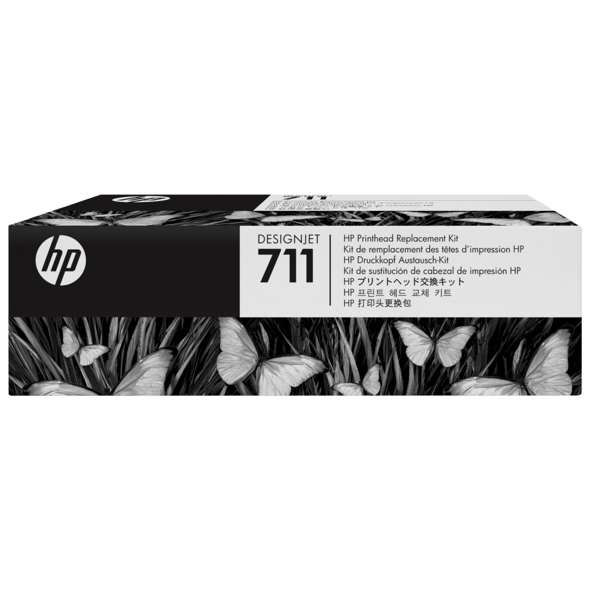 Cartucho de tinta HP 711, embalagem com design moderno e informações do produto.