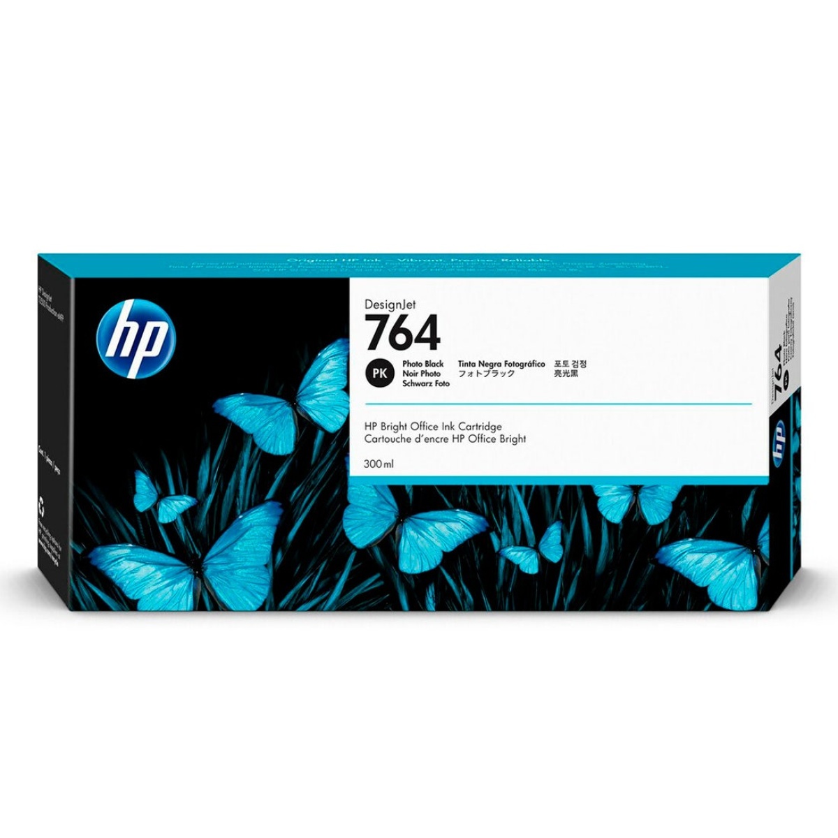 Cartucho de tinta HP 764, compatível com impressoras, design com borboletas.