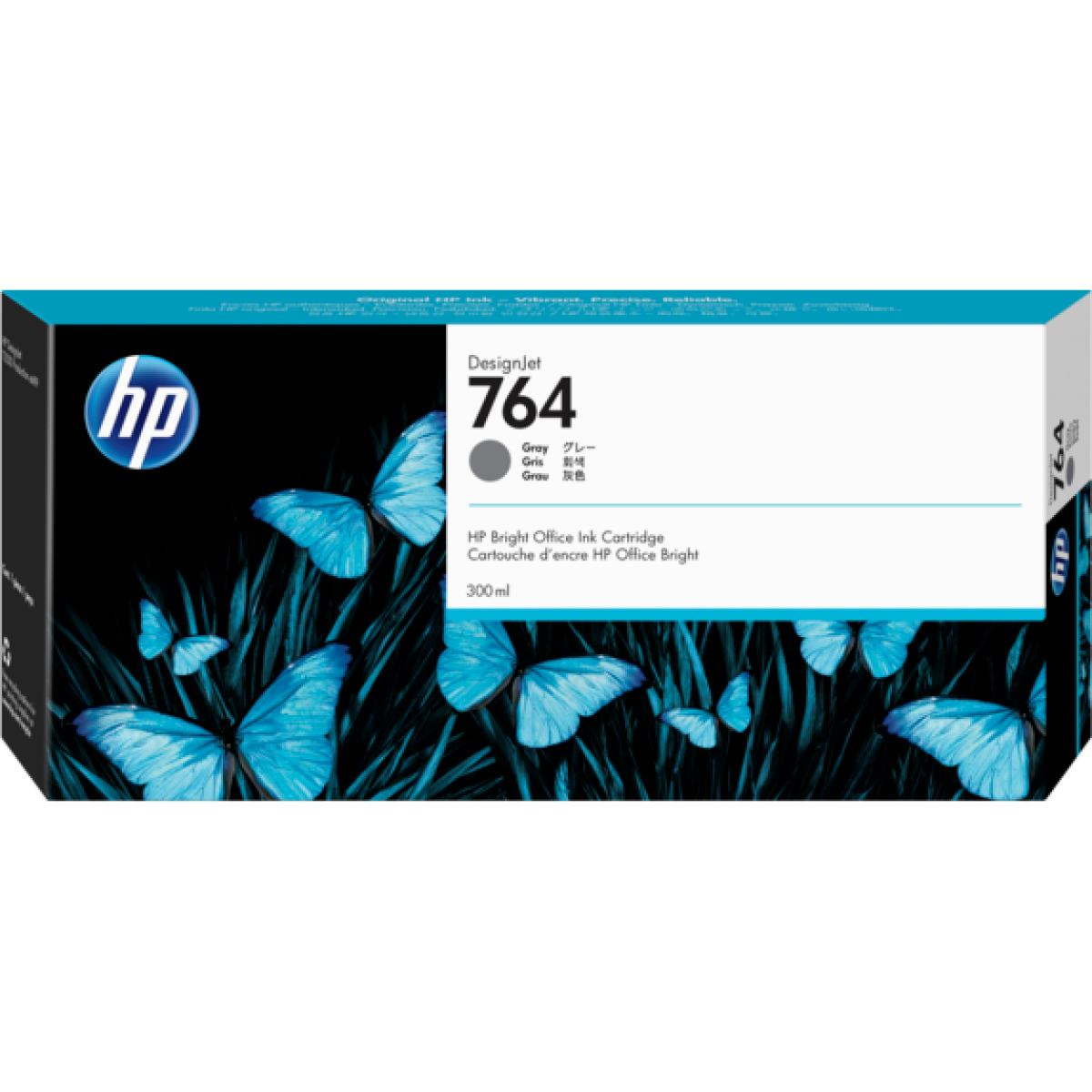 Cartucho de tinta HP 764, cor ciano, embalagem com design de borboletas.