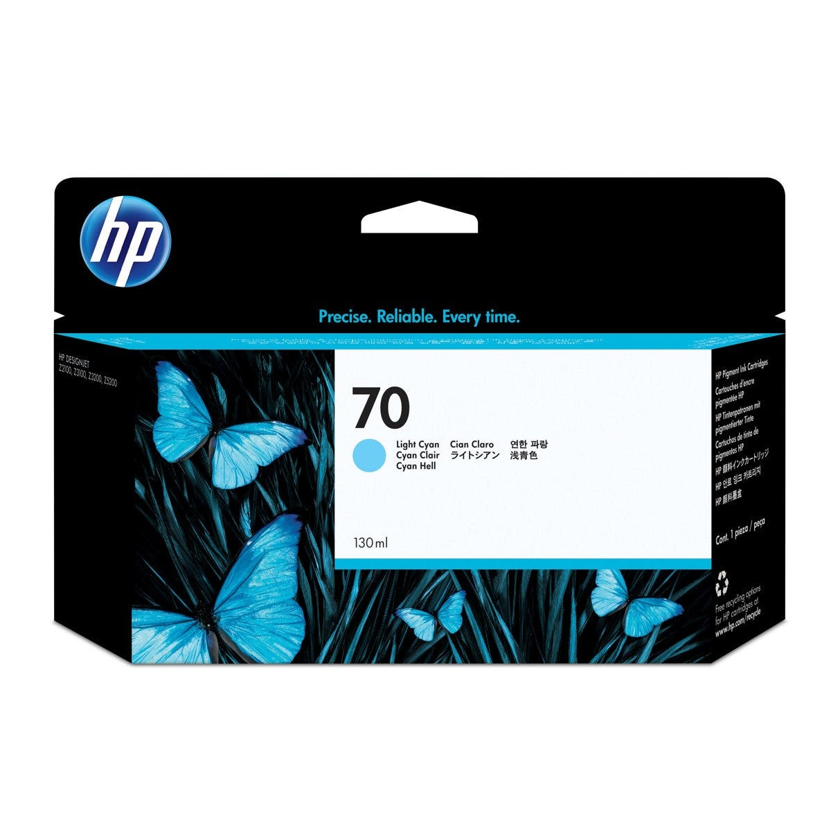 Tinta HP 70, cartucho de impressão, design com borboletas azuis.