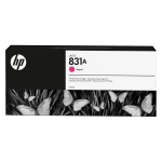 Cartucho de tinta HP 831A magenta, embalagem com design moderno.