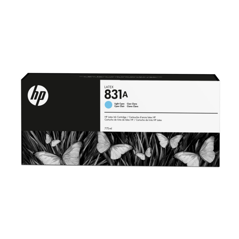 Cartucho de tinta HP 831A, cor ciano, embalagem com design moderno.