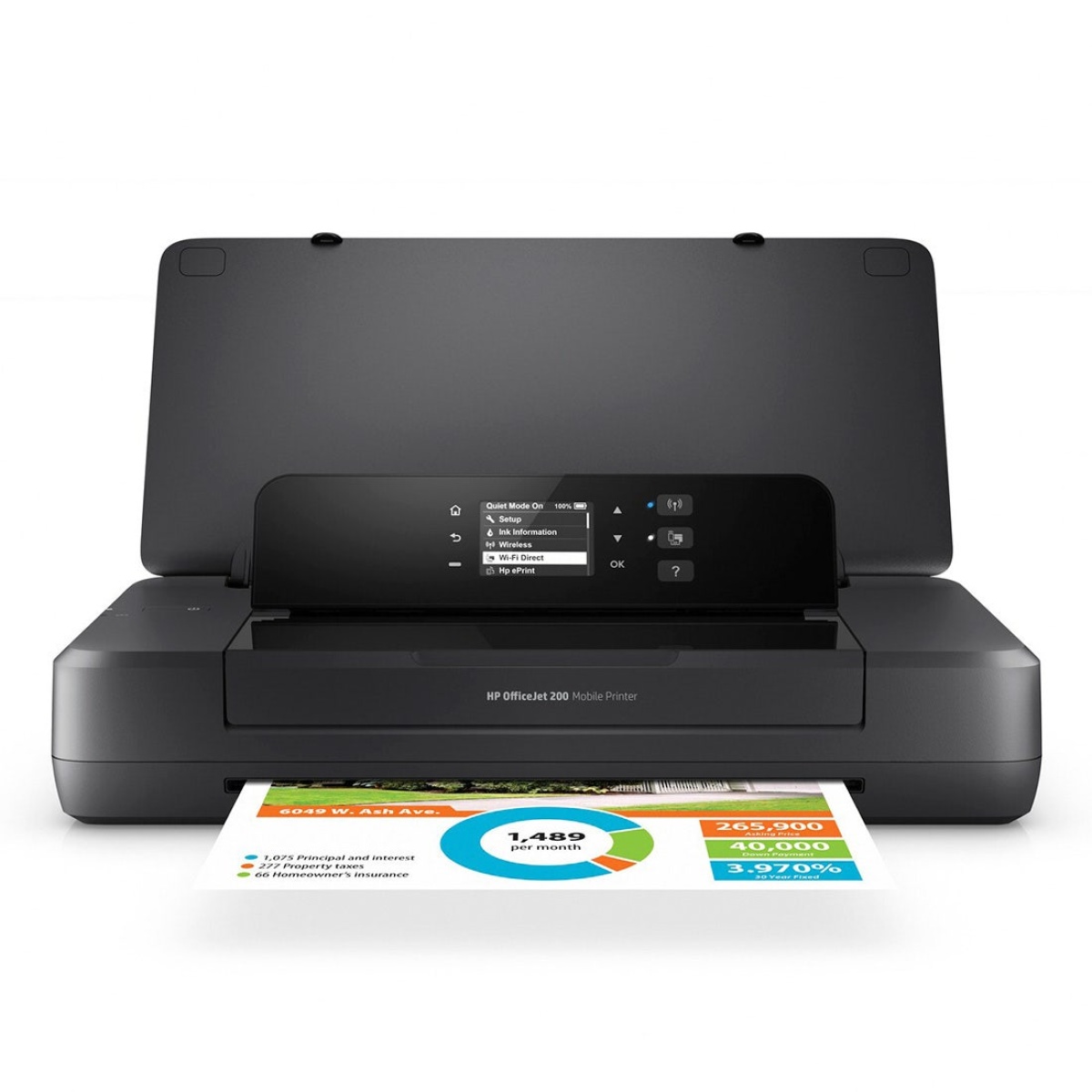 Impressora portátil HP com painel de controle e impressão colorida.