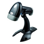 Leitor de código de barras Datalogic, modelo Heron, design ergonômico e suporte.