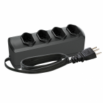 Multiplicador de tomadas preto, com quatro entradas e cabo de alimentação.