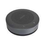 Caixa de som Bluetooth portátil, marca desconhecida, design circular e botões de controle.