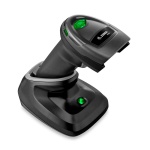 Leitor de código de barras sem fio, marca XYZ, com base de carregamento.