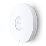 Ponto de acesso TP-Link, design circular e elegante, luz indicadora azul.
