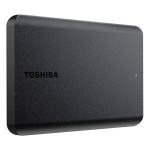 Disco rígido externo Toshiba, modelo preto, design compacto e texturizado.
