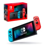Nintendo Switch, console de videogame, com controle azul e vermelho.