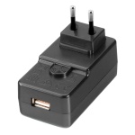 Carregador USB preto, compacto, ideal para dispositivos móveis.