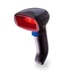 Leitor de código de barras, marca XYZ, com luz de leitura vermelha.