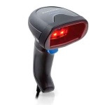 Leitor de código de barras, modelo XYZ, com luz de escaneamento vermelha.