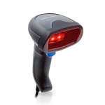 Leitor de código de barras, modelo XYZ, com luz de leitura vermelha.