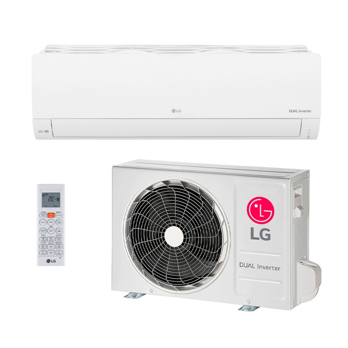 Ar-condicionado Split LG, unidade interna e externa, controle remoto visível.