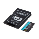 Adaptador de cartão microSD Kingston com cartão microSD incluído.