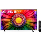 TV LG UHD com controle remoto, exibindo uma flor colorida vibrante.