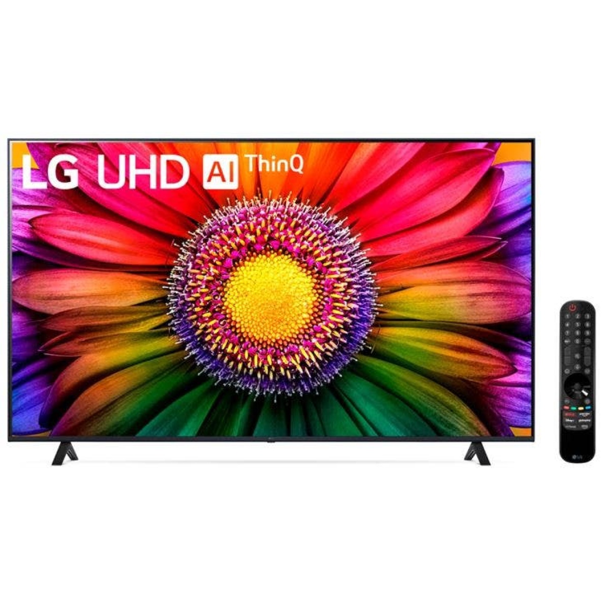 TV LG UHD com controle remoto e imagem colorida de flor.