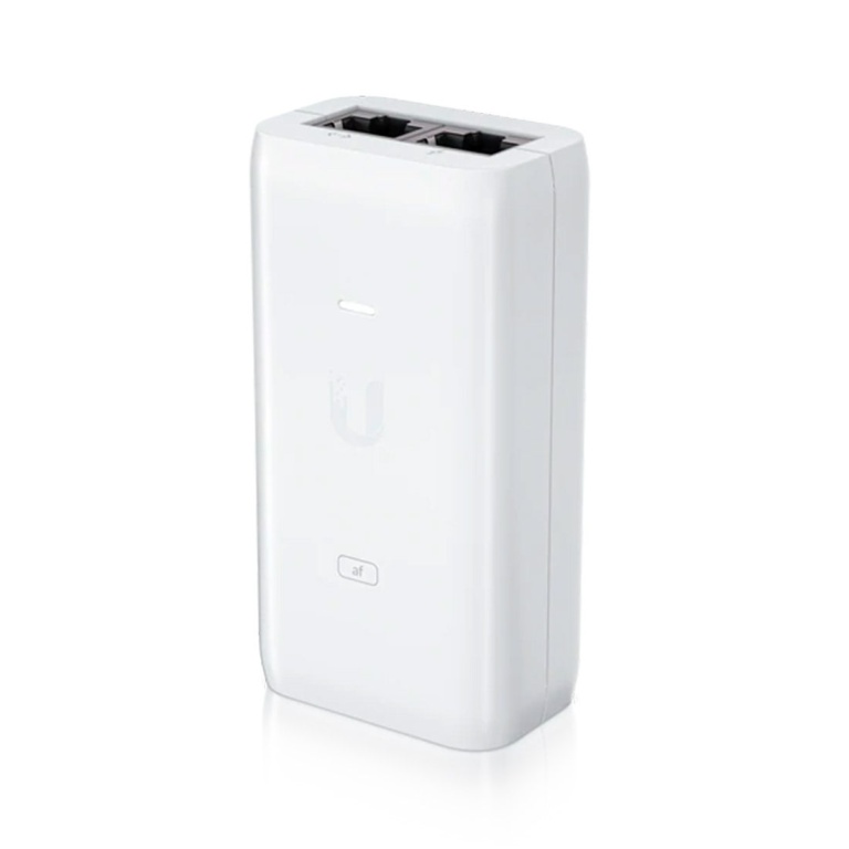 Adaptador de energia Ubiquiti, compacto e branco, com duas portas Ethernet.